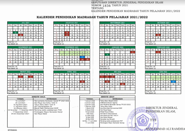 Kalender Pendidikan 2021/2022 Madrasah